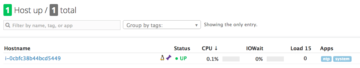 hostname of service, with status "UP"